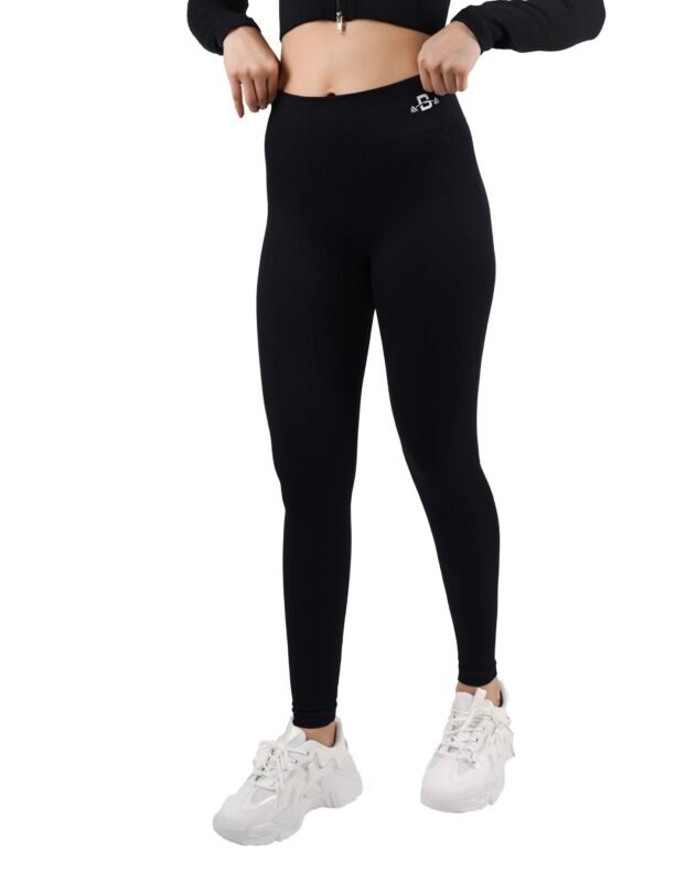 Pure Black Ribbed High Waist Scrunch Butt Leggings
