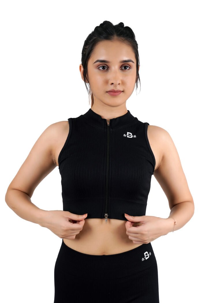 Pure Black Ribbed Sleeveless Zipper Top