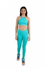 Aqua Blue High Neck Solid Cut-out Sports Set