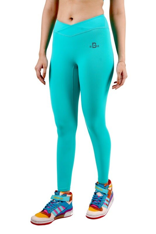 Aqua Blue High Neck Solid Cut-out Sports Leggings