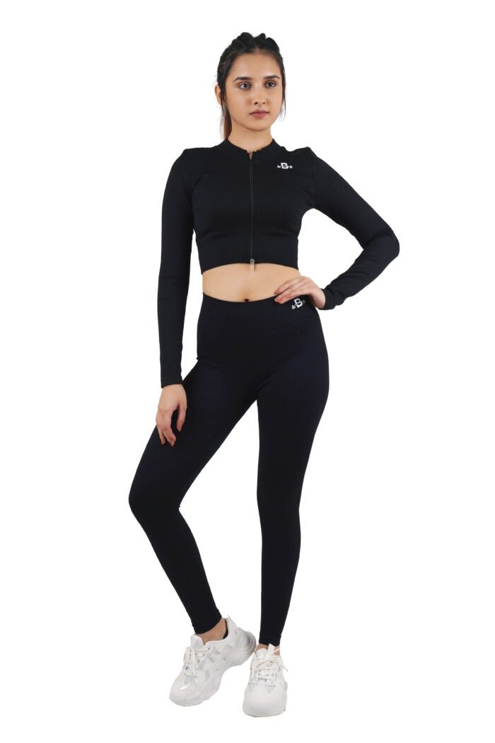 Pure Black Ribbed Long Sleeves Zipper Set